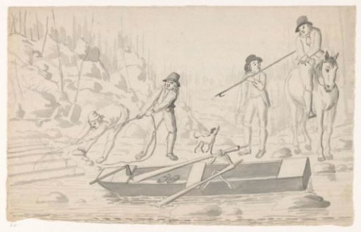 Workers with picks, punt and timber raft