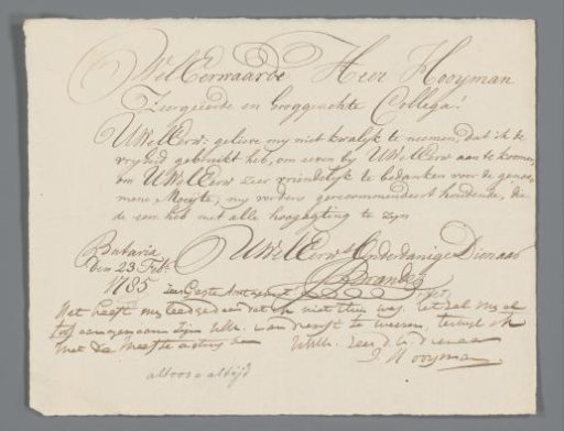 Letter from Jan Brandes to Reverend Hooyman