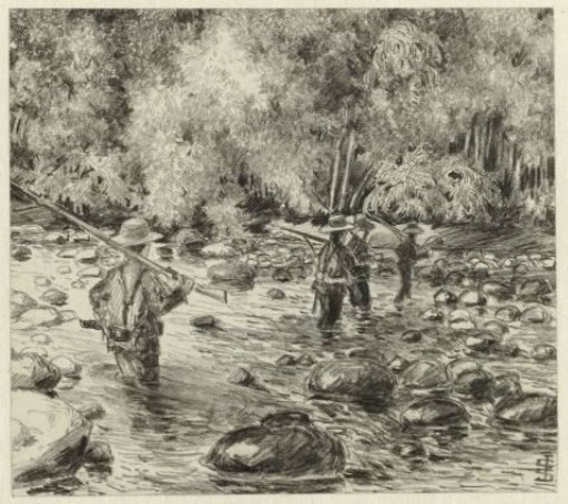 Soldiers Wading Through a River