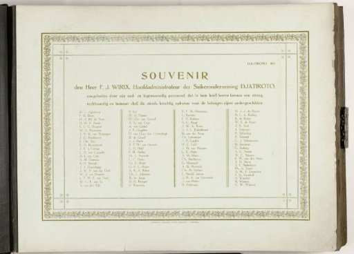 Title page of the photo album presented to F.J. Wirix by the staff of the Djatiroto Sugar Company in 1917