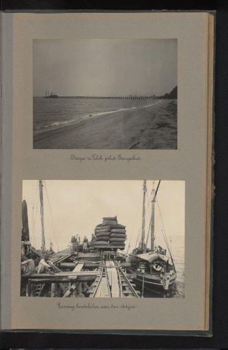 Jetty and unloading of a ship of the Bangka tin mining at Soengeiliat