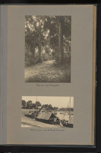 Road through forest and praus at the water's edge, near the mines of the Bangka tin mining at Soengeiliat