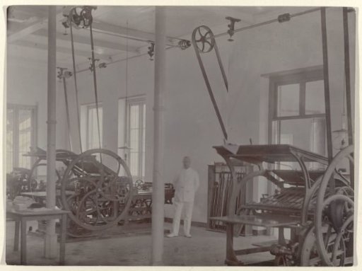 Interior of the printing press of the Deli Courant at Medan