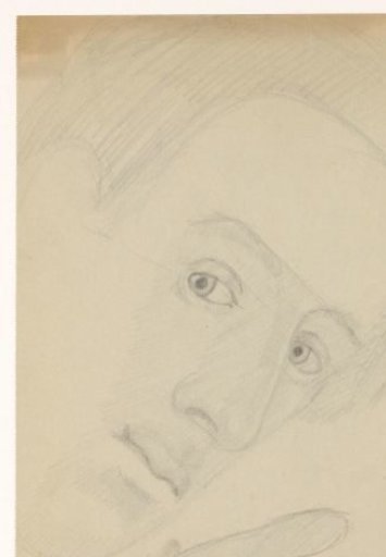 Self-portrait, leaning forward with hand on writing