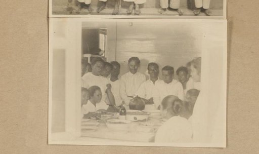 Inauguration with "makanen besar" of the renovated kitchen and dining room of the staff. In the foreground, right: the two carpenters, left: the three cooks.