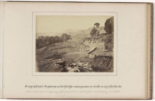 View of the Gogodalem halt with temporary dwellings for laborers and overseers / in the distance one sees the excavation and embankment for the track with the setting stakes. Fourth Section