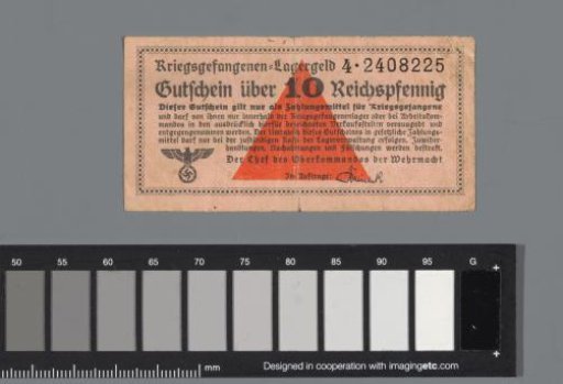 Camp currency of the former prisoner D. van Maarseveen from the German prisoner-of-war camp Stalag IV B in Mühlberg a/d Elbe. One note of 10 pfennig.