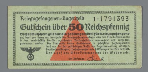 Camp currency of the former prisoner D. van Maarseveen from the German prisoner-of-war camp Stalag IV B in Mühlberg a/d Elbe. Note of 50 pfennig.