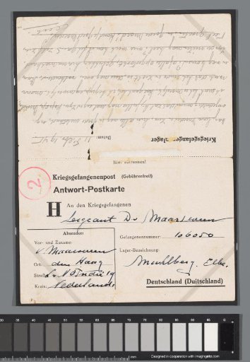 Postcard from prisoner-of-war camp Stalag IV B in Mühlberg a/d Elbe by sergeant D. van Maarseveen to his mother in The Hague, dated 11 Feb. 1945 by the writer.