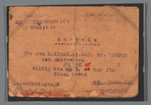 Identity card of D. van Maarseveen, camp photographer, for the German prisoner-of-war camp Stalag IV B in Mühlberg a/d Elbe