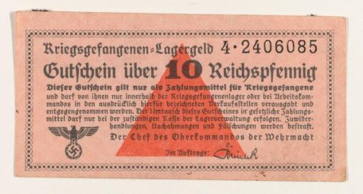Camp currency of the former prisoner D. van Maarseveen from the German prisoner-of-war camp Stalag IV B in Mühlberg a/d Elbe. Note of 10 pfennig.