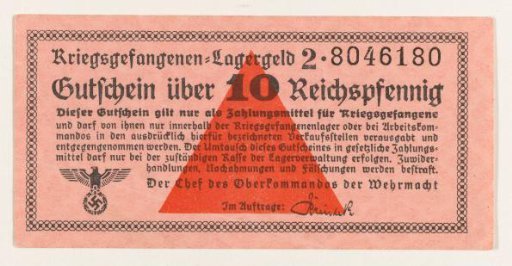 Camp money of the former prisoner D. van Maarseveen from the German prisoner-of-war camp Stalag IV B in Mühlberg on the Elbe. Note of 10 pfennig.