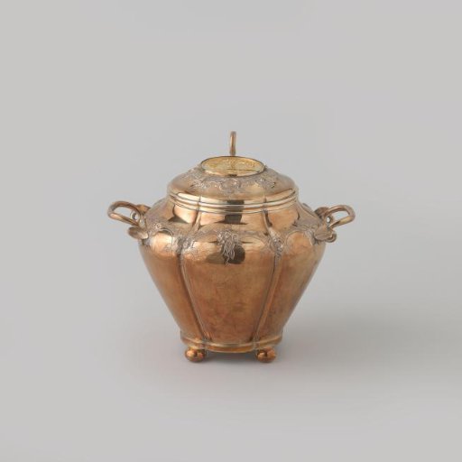 Silver sugar bowl from a coffee and tea service of eleven pieces that belonged to J.D. Preuijt (1801-1887), given to him on his jubilee in 1873