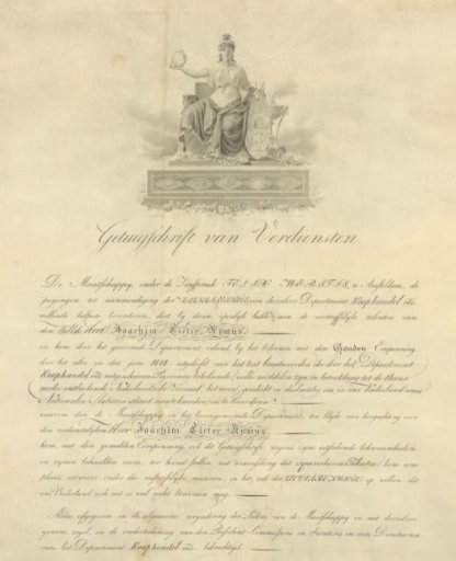 Certificate of Merit Belonging to the Gold Medal of the Society Felix Meritis, Awarded to Joachim Pieter Asmus