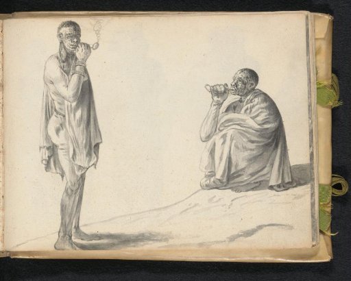 Two South African Khoisan men smoking a pipe