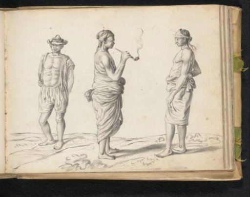 Man smoking a pipe in the company of two other labourers
