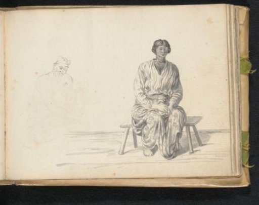 Woman sitting on a bench and sketch of a sitting man