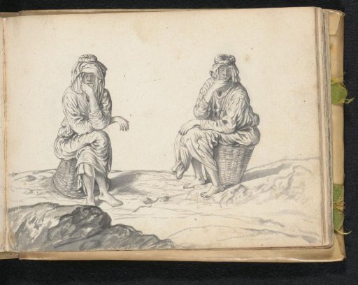 Two women, sitting on their baskets