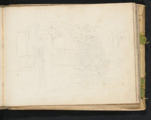 Unfinished sketch of buildings and trees