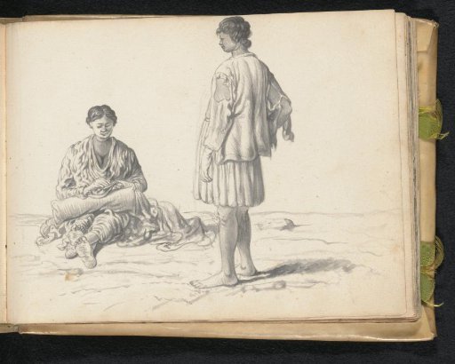 A woman sewing, and a man watching her