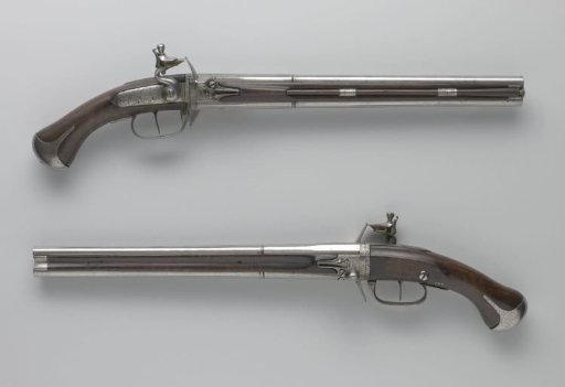 Double-barrelled flintlock wheel-lock pistol