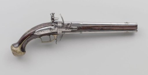 Double-barrelled flintlock wheel-lock pistol