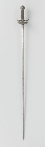 Decorative sword with chiseled iron hilt featuring equestrian motifs