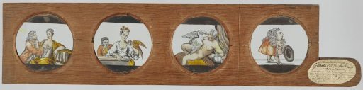 Two erotic scenes, a woman with a bird and a little person (caricature)
