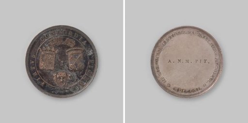 Medal of the student corps of the University of Leiden, issued on the occasion of the 1840 masquerade 'The Entry of Jan van Beieren into Leiden in 1420', in the name of A.N.M. Pit