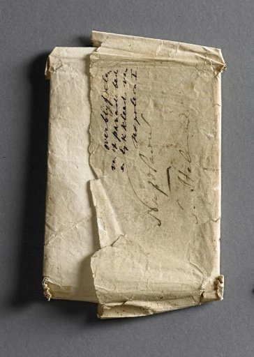 Paper with handwriting containing remains of the parade bed and shroud of Napoleon I