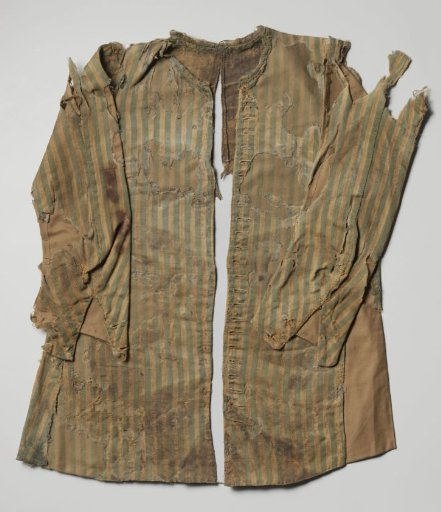 Jacket, green with white stripes, of thin, supple fabric, with loose sleeves and buttons