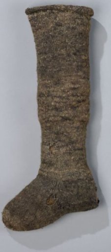 Knee sock, dark brown, coarsely round-knitted, largely felted