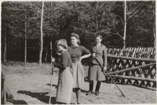 Three women with rakes