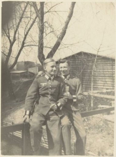Two members of the Wehrmacht on a fence