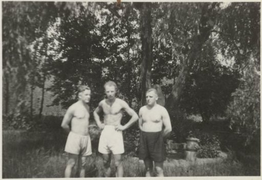 Three men in shorts and bare chests