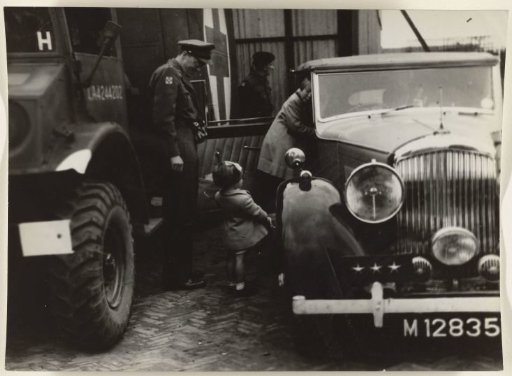 Princess Beatrix, Princess Margriet and Prince Bernhard at Teuge Airport, upon return from Canada