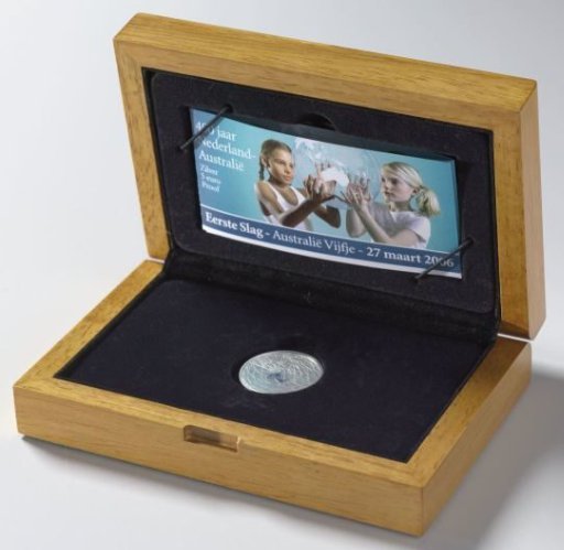 Wooden box with Australian Five Cent coin 2006