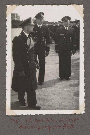 Fleet inspection in Vlaardingen (Koningin Wilhelminahaven Zuidzijde) by Rear Admiral Waldemar Winther of the German Kriegsmarine