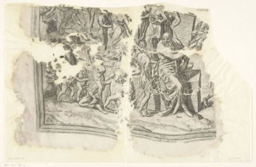 Lower left corner of a print of the scene of Cebes
