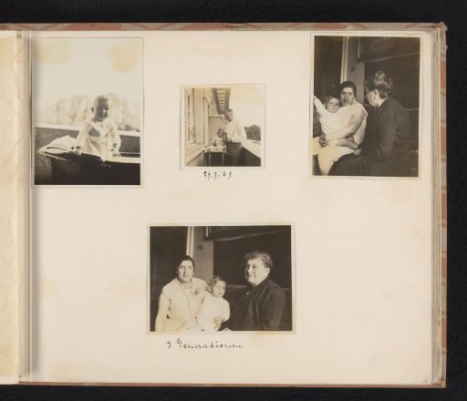 Isabel Wachenheimer on the balcony of the Wachenheimer family residence (Herthastrasse 19) with her father Eugen Wachenheimer, and indoors with her mother Else Wachenheimer-Moos and grandmother Josefine Moos-Levi, Nuremberg, July 29, 1929