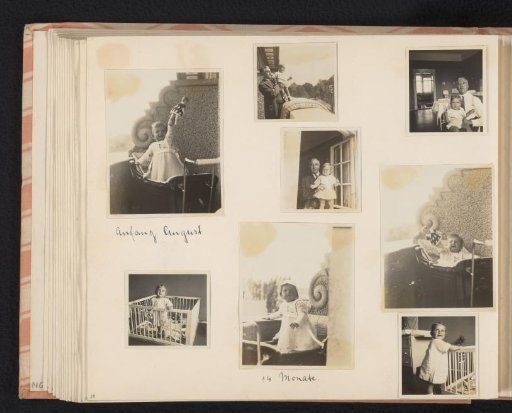 Isabel Wachenheimer on the balcony of the Wachenheimer family residence (Herthastrasse 19) with her father Eugen Wachenheimer, and in a stroller with a doll, and Isabel in a crib, Nuremberg, early August 1929