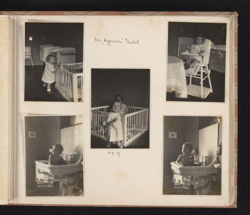 Isabel Wachenheimer making typical antics in a crib, a high chair and a washbasin, Munich, September 1, 1929