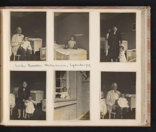 Isabel Wachenheimer with her grandparents Meir Wachenheimer and Mathilde Wachenheimer-Wertheimer in Isabel's room, Munich, September 1929