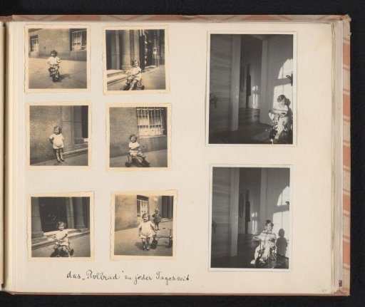 Isabel Wachenheimer on a tricycle in and in front of the Wachenheimer family home, May 1930, Munich