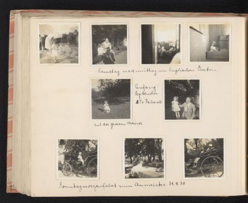 Isabel Wachenheimer with her parents Else Wachenheimer-Moos and Eugen Wachenheimer in the park, on the balcony, in a carriage, and on the terrace, late August to early September 1930, Munich