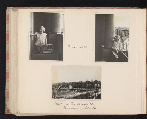 Isabel Wachenheimer on the balcony of the Wachenheimer family residence and a view from the Wachenheimer family residence on the Bogenhausener bridge, June 1931, Munich