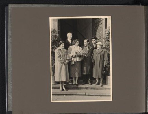 Group Portrait of Isabel Wachenheimer and her Third Husband Gideon Elon with Four People on the Wedding Day of Gideon and Isabel, March 10, 1956, Frankfurt am Main