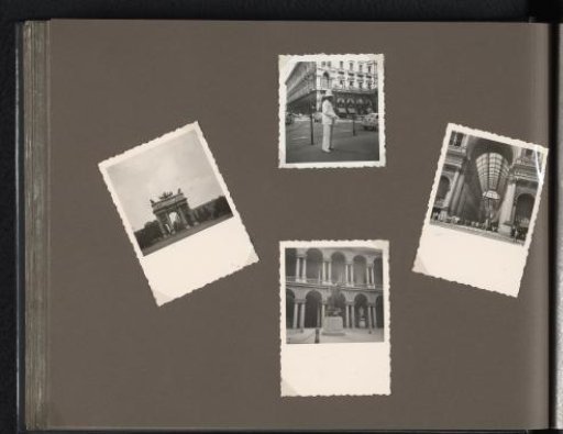 Views of the Porta Sempione, the Pinacoteca di Brera, the Galleria Vittorio Emanuele, and a man on the street, Milan