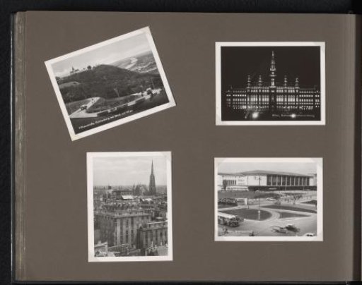 Postcards of the Höhenstraße, the Vienna City Hall, an apartment building, and the Wien Westbahnhof station in Vienna