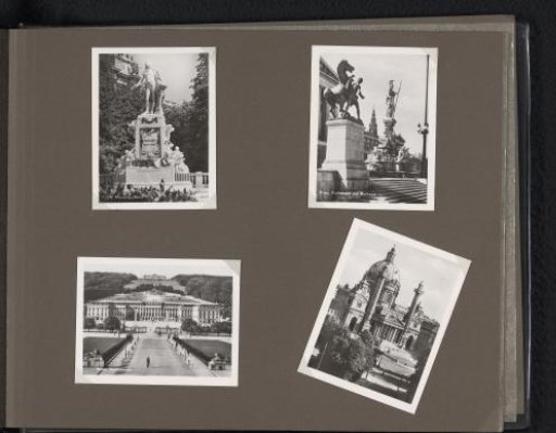 Postcards of the Mozart monument, the Parliament building with the Pallas Athena monument, Schönbrunn Palace, and the Karlskirche in Vienna
